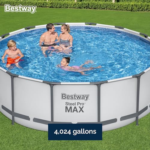 Bestway Steel Pro MAX 14 Foot x 48 Inch Round Metal Frame above Ground Outdoor Swimming Pool Set with 1,000 Filter Pump, Ladder, and Cover, Gray