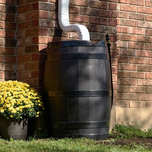 FCMP Outdoor RC45-BLK Rain Barrel (45-Gallon) - Water Rain Catcher Barrel with Flat Back for Watering Outdoor Plants, Gardens, and Landscapes, Black