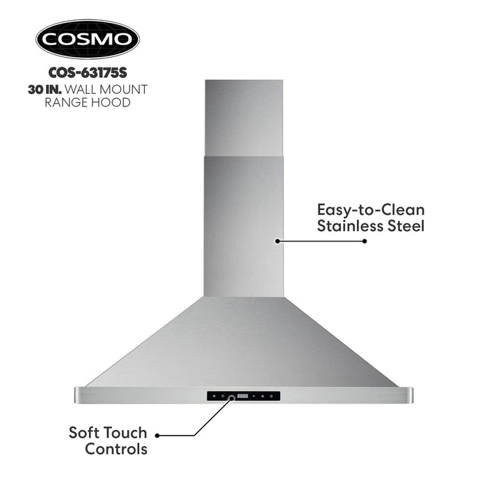 COSMO COS-63175S Wall Mount Range Hood with Ducted Convertible Ductless (No Kit Included), Ceiling Chimney-Style Stove Vent, LEDs Light, Permanent Filter, 3 Speed Fan in Stainless Steel (30 inch)