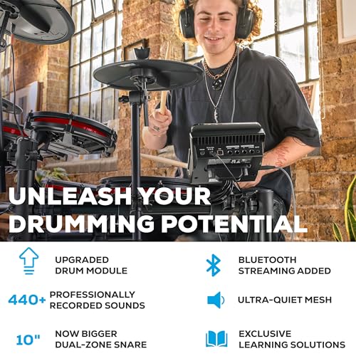 Alesis Nitro Max Kit Electric Drum Set with Quiet Mesh Pads, 10" Dual Zone Snare, Bluetooth, 440+ Authentic Sounds, Drumeo, USB MIDI, Kick Pedal