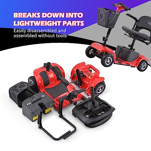 Mobility Scooter for Adults, Senior, Skmc 4 Wheels Electric Powered Chargeable Device for Travel, Lightweight and Portable, with LED Headlights and Basket, Charger Included, Red/Blue (Red)