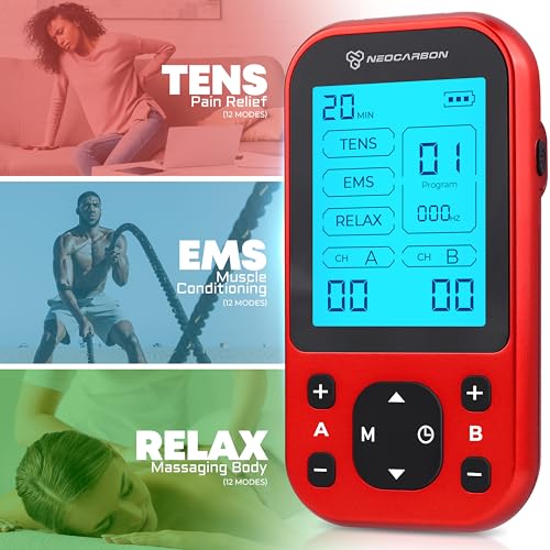 TENS Unit Muscle Stimulator Pro for Back Pain Relief, Shoulder Recovery and Physical Therapy, Electronic EMS Massager Machine with PMS Pulse for Effective Shock Therapy, Red