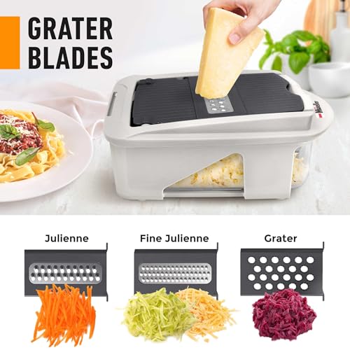 Mueller Pro-Series All-in-One, 12 Blade Mandoline Slicer for Kitchen, Food Chopper, Vegetable Slicer and Spiralizer, Cutter, Dicer, Grater, Kitchen Gadgets Sets with Container, White Sand/Dark Grey