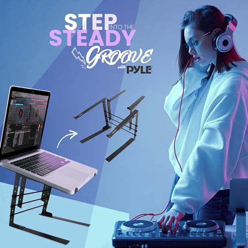 Pyle Portable Dual Laptop Stand - Standing Table with Adjustable Height, Ergonomic Design & Anti-Slip Prongs for DJ Mixer, Sound Equipment, Workstation, Gaming & Home Use - PLPTS38, Black