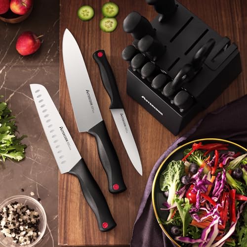 Astercook Knife Set, 15 Pieces Kitchen knives Set with Built-in Sharpener, High Carbon German Stainless Steel Chef Knife Block Sets, Sharp & Rust Resistant Dishwasher Safe, Black