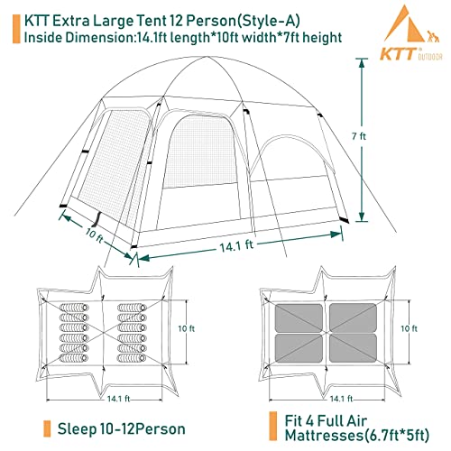 KTT Extra Large Tent 12 Person(A),Family Cabin Tents,2 Rooms,3 Doors and 3 Windows with Mesh,Straight Wall,Waterproof,Double Layer,Big Tent for Outdoor,Picnic,Camping,Family GatheringBrown