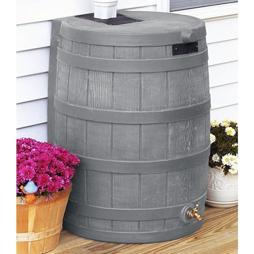 Good Ideas Rain Wizard 50 Gallon Plastic Outdoor Home Water Storage Tank Rain Barrel Collector with Brass Spigot and Flat Back Design, Gray