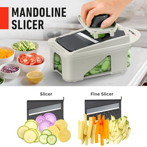 Mueller Pro-Series All-in-One, 12 Blade Mandoline Slicer for Kitchen, Food Chopper, Vegetable Slicer and Spiralizer, Cutter, Dicer, Grater, Kitchen Gadgets Sets with Container, White Sand/Dark Grey