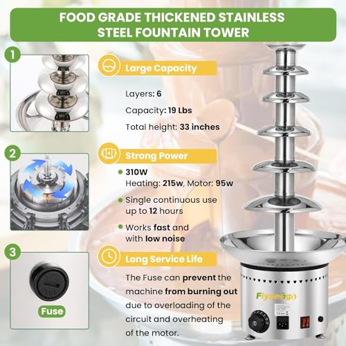 Flyseago Commercial Chocolate Fountain 6 Layers 19Lbs Large Chocolate Fondue Tower Stainless Steel Hot Chocolate Waterfall for Nacho Cheese Knob Control