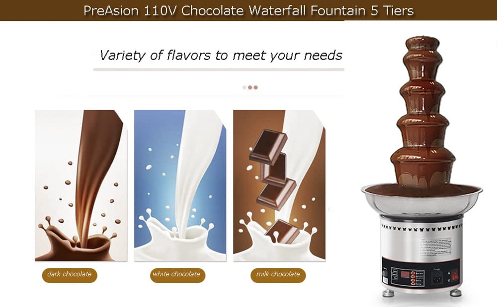 PreAsion Chocolate Fountain 110V Electric 5-Tiers Digital Chocolate Fountain Melting Machine Heating Fondue Fountain,12kg of chocolate