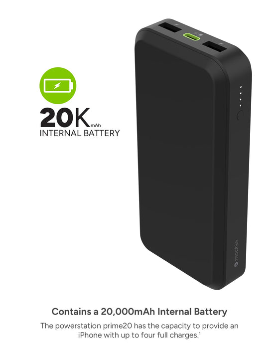 mophie powerstation prime20 - Ultra-Compact Portable Power Bank with 20,000mAh Internal Battery, 18W USB-C PD Fast Charging, 3-Device Simultaneous Charging, Eco-Friendly Design