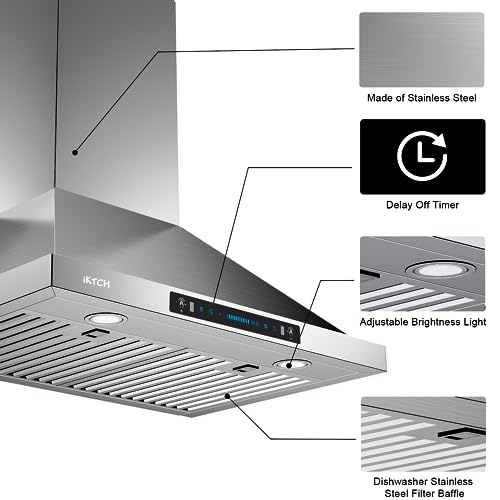 IKTCH 36-inch Wall Mount Range Hood 900 CFM Ducted/Ductless Convertible, Kitchen Chimney Vent Stainless Steel with Gesture Sensing & Touch Control Switch Panel, 2 Pcs Adjustable Lights(IKP02-36'')