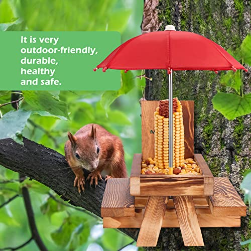 MIXXIDEA Wooden Squirrel Feeder Table with Umbrella, Squirrel Picnic Table for Outside, Brown Squirrel Feeder with Corn Cob Holder Cute Chipmunk Feeder (Red Umbrella)