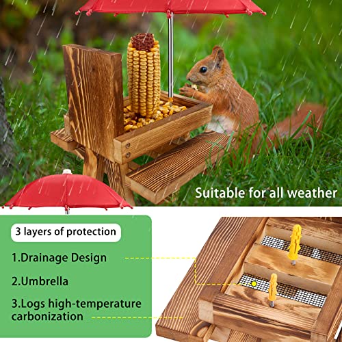 MIXXIDEA Wooden Squirrel Feeder Table with Umbrella, Squirrel Picnic Table for Outside, Brown Squirrel Feeder with Corn Cob Holder Cute Chipmunk Feeder (Red Umbrella)