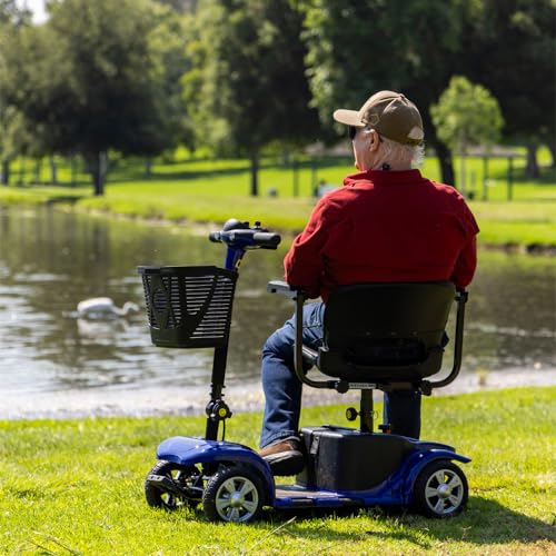 Mobility Scooter for Adults, Senior, Skmc 4 Wheels Electric Powered Chargeable Device for Travel, Lightweight and Portable, with LED Headlights and Basket, Charger Included, Red/Blue (Red)