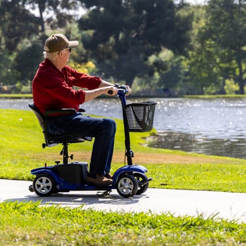 Mobility Scooter for Adults, Senior, Skmc 4 Wheels Electric Powered Chargeable Device for Travel, Lightweight and Portable, with LED Headlights and Basket, Charger Included, Red/Blue (Red)