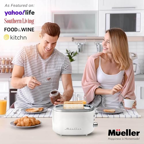 Mueller Retro Toaster 2 Slice with 7 Browning Levels and 3 Functions: Reheat, Defrost & Cancel, Stainless Steel Features, Removable Crumb Tray, Under Base Cord Storage, White