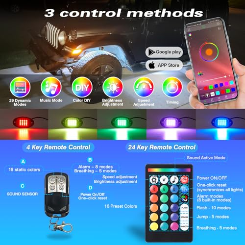 LD DARKEAGLE 8Pods RGB LED Rock Lights with APP/RF Remote Control, Underglow Lights Multi Zone Neon Exterior Lights Multicolor 12v Waterproof for Trucks Accessories Jeep UTV SUV ATV Golf Cart Offroad