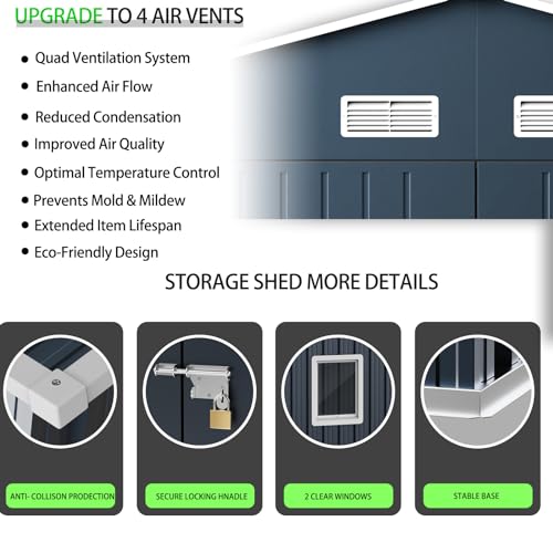 MistMo 10X12X7.5 FT Outdoor Steel Storage Shed with Lockable Doors, 2 Windows, Transparent Roof Panels (Wood Panels & Frame Floor Not Included), Ideal for Garden, Backyard, Patio Storage