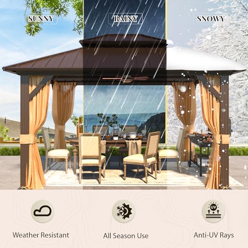 YOLENY 10' x 12' Hardtop Gazebo, Metal Gazebo with Aluminum Frame, Double Galvanized Steel Roof, Curtains and Netting Included, Pergolas for Patios, Garden, Parties, Lawns