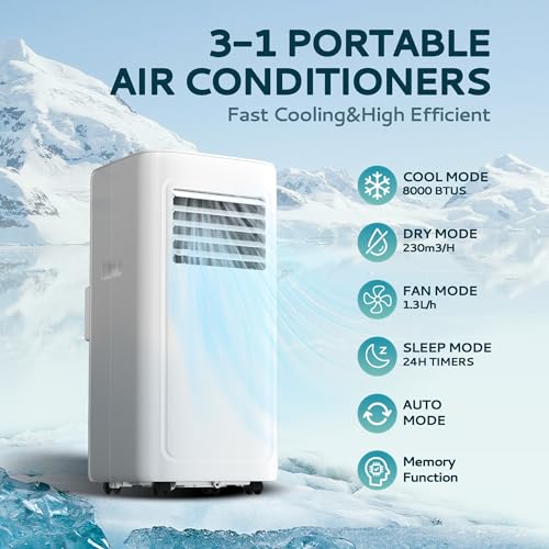 EUHOMY 8,000 BTU Portable Air Conditioner Floor Room AC Unit with Cool, Dehumidifier, Fan Mode,Portable Cooling AC Unit with Installation Kit with Remote Control up to 350 sq. ft.,White