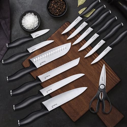 Kuisine Chef Knife Set,High Carbon Stainless Steel Razor-Sharp Blade Ergonomic Handle,Kitchen Knife Block Set with Built-in Sharpener,Elegant Gift for Holiday(Black,15PCS)