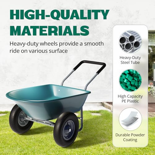 2 Wheel Wheelbarrow, 330 Pounds Capacity Yard Cart with Padded Handlebar, 14 Inch Pneumatic Tires for High Stability, Ideal for Moving Soil, Plant Shrub, Gardening Tool, Easy Assembly