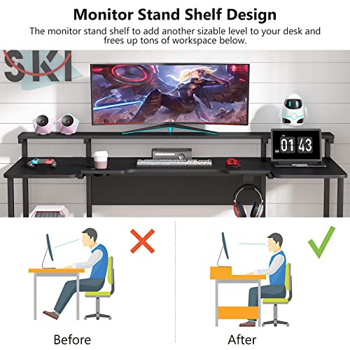 Tribesigns 74.8 Inch Gaming Desk, Extra Long U Shaped Computer Desk with Monitor Stand Shelf and CPU Stand, Black Gamer Desk for Home Office, Gaming