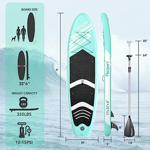 FBSPORT 11' Premium Stand Up Paddle Board, Yoga Board with Durable SUP Accessories & Carry Bag | Wide Stance, Surf Control, Non-Slip Deck, Leash, Paddle and Pump for Youth & Adult