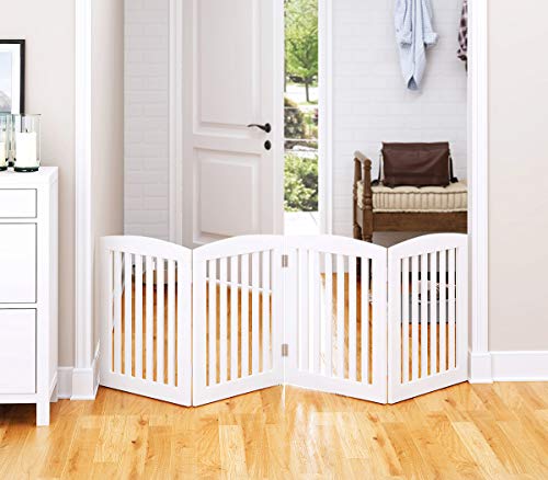 PAWLAND Wooden Freestanding Foldable Pet Gate for Dogs, 24 inch 4 Panels Step Over Fence, Dog Gate for The House, Doorway, Stairs, Extra Wide (White, 24" Height-4 Panels)