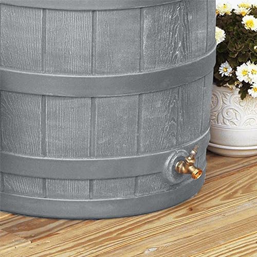 Good Ideas Rain Wizard 50 Gallon Plastic Outdoor Home Water Storage Tank Rain Barrel Collector with Brass Spigot and Flat Back Design, Gray