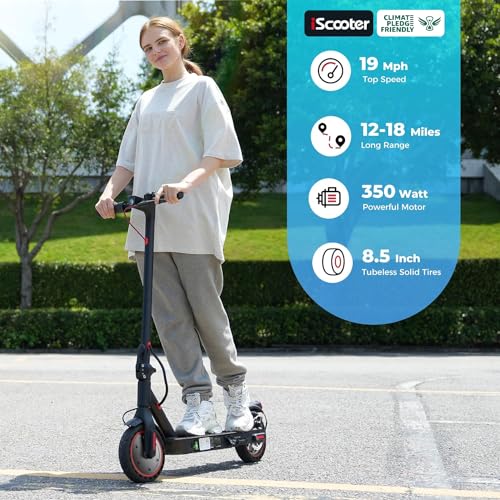 iScooter i9 Electric Scooter Adults and Teenages, 15.6 MPH, 18 Miles Range, 8.5'' Solid Tires, 350W Foldable and Cruise Control Escooter with Double Braking System and APP