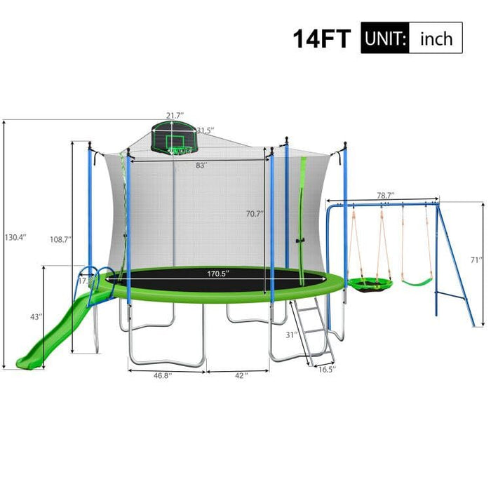 Roinoim 14FT Outdoor Trampoline with Swing, Slide, Basketball Hoop, Safety Enclosure and Ladder, ASTM Approval Outdoor Recreational Trampoline for Kids and Adults