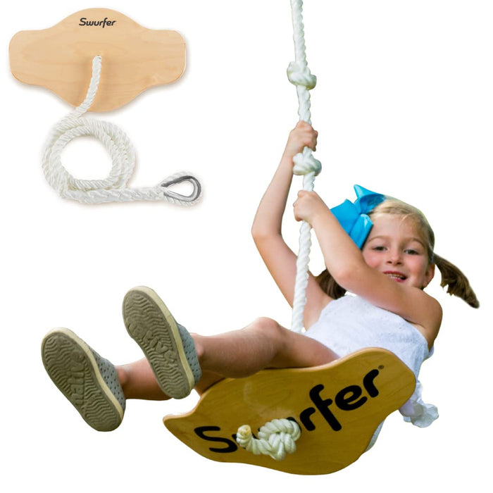 Swurfer Swift - Maple Wood Disc Swing for Kids Ages 4 and Up, Holds up to 150 Pounds - Includes 18" Curved Seat Swing with Heavy Duty Braided Rope, Brown