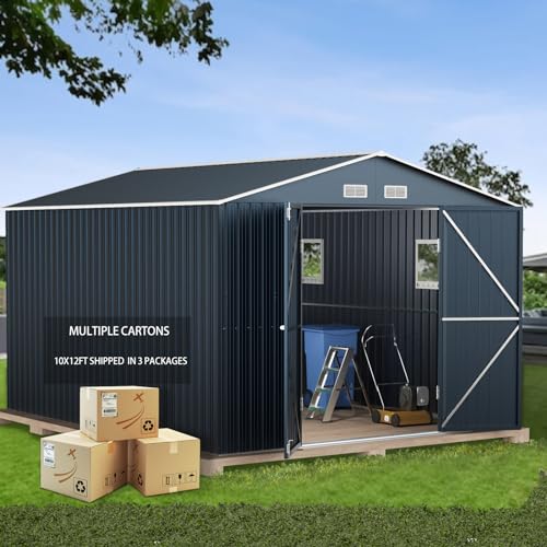 MistMo 10X12X7.5 FT Outdoor Steel Storage Shed with Lockable Doors, 2 Windows, Transparent Roof Panels (Wood Panels & Frame Floor Not Included), Ideal for Garden, Backyard, Patio Storage