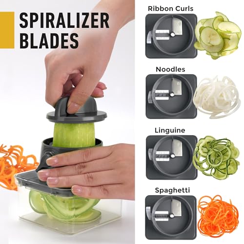 Mueller Pro-Series All-in-One, 12 Blade Mandoline Slicer for Kitchen, Food Chopper, Vegetable Slicer and Spiralizer, Cutter, Dicer, Grater, Kitchen Gadgets Sets with Container, White Sand/Dark Grey