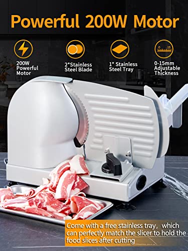 Meat Slicer, 200W Electric Food Slicer with 2 Removable 7.5" Stainless Steel Blades and Stainless Steel Tray, Child Lock Protection, Adjustable Thickness, Food Slicer Machine for Meat Cheese Bread