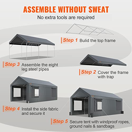 VEVOR Carport 10x20ft, Car Canopy Portable Garage, Heavy Duty Car Port with Roll-up Ventilated Windows & Removable Sidewalls, UV Resistant Waterproof All-Season Tarp for SUV, F150, Car, Truck, Boat