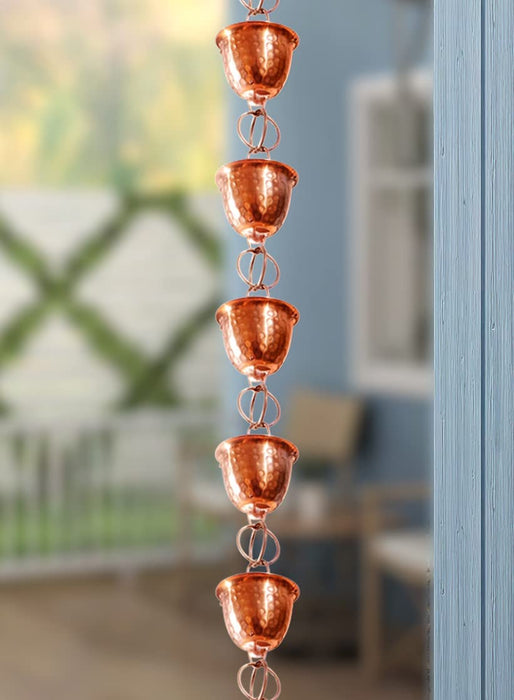 Monarch Rain Chains 26558 Pure Copper Hammered Cup Rain Chain Replacement Downspout for Gutters, 8-1/2 Feet Length