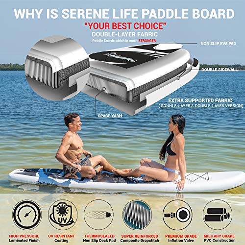 SereneLife Stand up Paddle Board Inflatable - Non-Slip SUP Paddle Board Paddle, Pump, Leash, and Accessories - Fun Water inflatable paddle board for Adults and Youth with Wide Stable Design