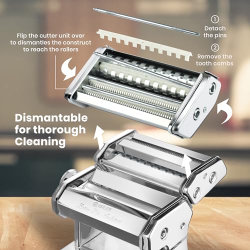 Pasta Machine, ISILER 9 Adjustable Thickness Settings Pasta Maker, 150 Roller Noodles Maker with Aluminum Alloy Rollers and Cutter for Pasta, Spaghetti, Fettuccini, Lasagna