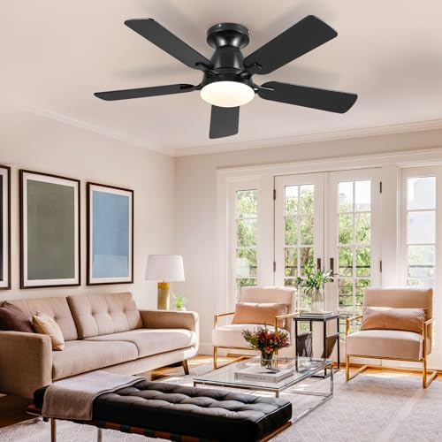 Ceiling Fans with Lights- 46" Low Profile Indoor Ceiling Fan with Light and Remote/APP Control, Flush Mount, LED Dimmable DC Reversible Modern Ceiling Fan for Bedroom（Black）