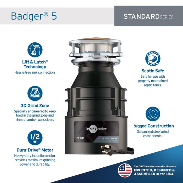 InSinkErator Badger 5 Garbage Disposal with Power Cord, Standard Series 1/2 HP Continuous Feed Food Waste Disposer, Badger 5 W/C, No Size, Black/Gray