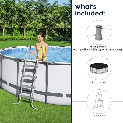 Bestway Steel Pro MAX 14 Foot x 48 Inch Round Metal Frame above Ground Outdoor Swimming Pool Set with 1,000 Filter Pump, Ladder, and Cover, Gray