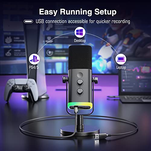 FIFINE XLR/USB Dynamic Microphone for Podcast Recording, PC Computer Gaming Streaming Mic with RGB Light, Mute Button, Headphones Jack, Desktop Stand, Vocal Mic for Singing YouTube-AmpliGame AM8