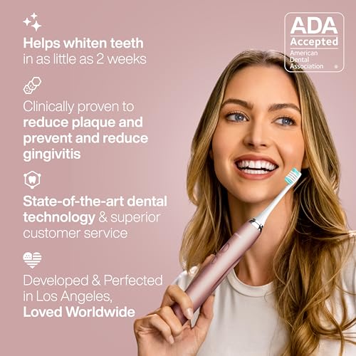 Aquasonic Vibe Series Ultra-Whitening Toothbrush – ADA Accepted Electric Toothbrush - 8 Brush Heads & Travel Case – 40,000 VPM Motor & Wireless Charging - 4 Modes w Smart Timer – Satin Rose Gold