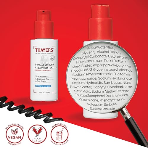 THAYERS Soak It Up 80HR Liquid Moisturizer, Face Moisturizer with Hyaluronic Acid and Snow Mushroom, Dermatologist Tested Skin Care for Normal to Dry Skin, 2.5 Oz