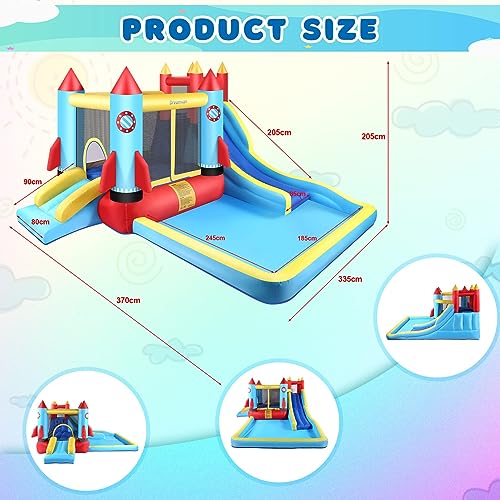 AKEYDIY Bounce House Water Slide, Rocket Castle Bouncy House- 13X12ft Inflatable Bounce House for Kids 3-12 with Slide Park,Pool,Climbing Wall,Bouncer Area- Kids Water Bounce House Indoor/Backyard