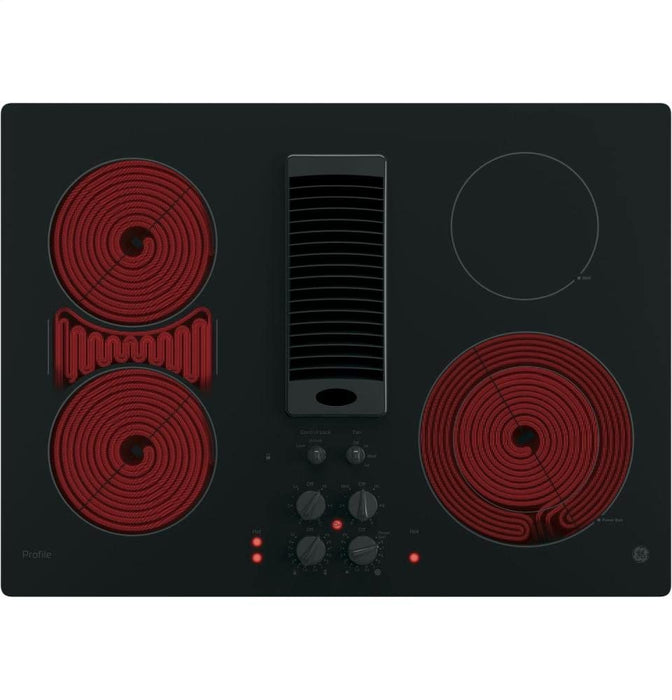 GE PP9830DJBB Profile Series Electric Cooktop with 4 Burners and 3-Speed Downdraft Exhaust System, 30", Black