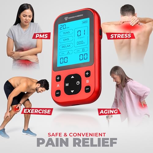 TENS Unit Muscle Stimulator Pro for Back Pain Relief, Shoulder Recovery and Physical Therapy, Electronic EMS Massager Machine with PMS Pulse for Effective Shock Therapy, Red